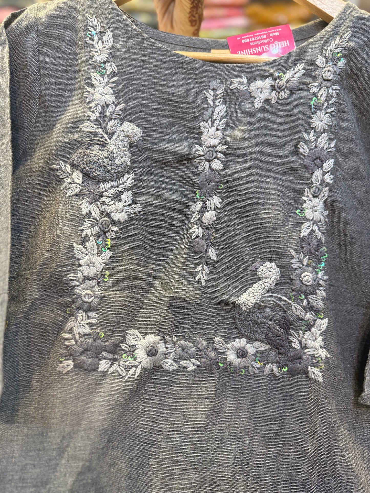 Grey Bird Embroidery Cotton Straight Cut Kurti