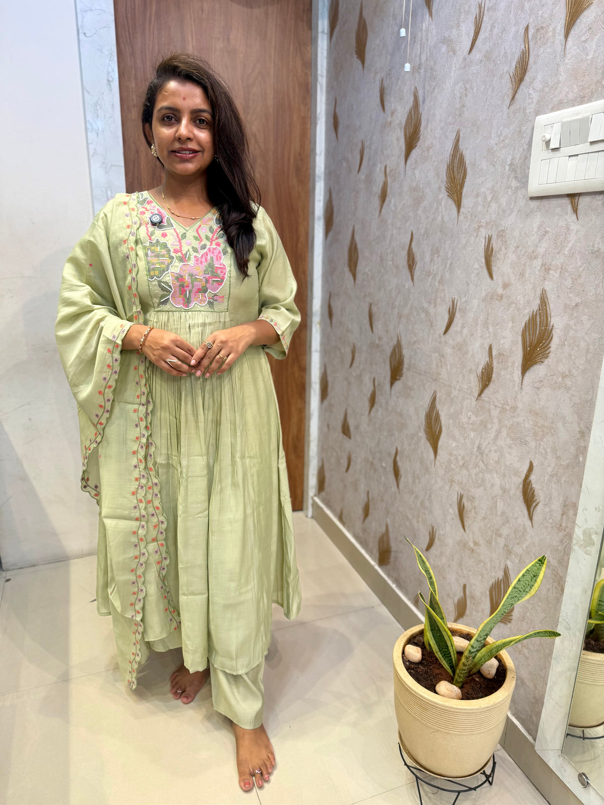 Pista Green Pure Silk Hand Embroidery Kurti With Pant and Dupatta - HSC1181