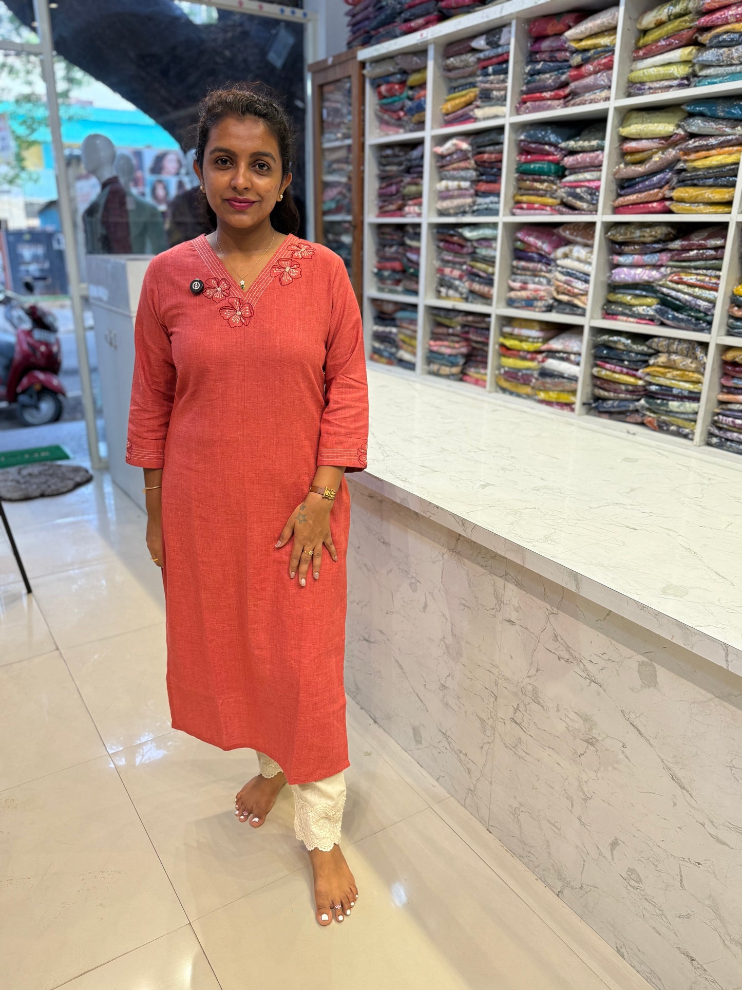 Coral Pink Embroidered Pure Cotton Straight Cut Kurti