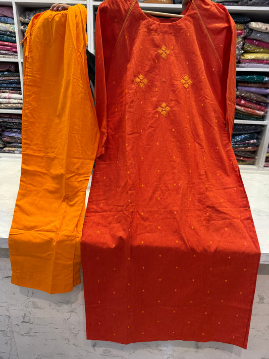 Applique Pure Cotton  Rust Orange Kurti With Pant -HSC1323