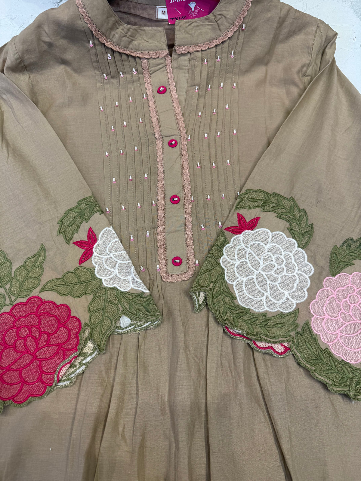 Beige Embroidery Cutwork Cotton Co-ords Set- HSC1168