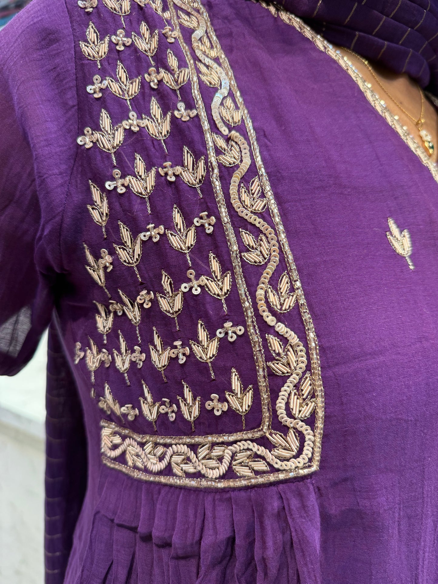 Pure Banasari Mul Chanderi Purple Hand Embroidery Kurti With Pant and Dupatta-HSC191