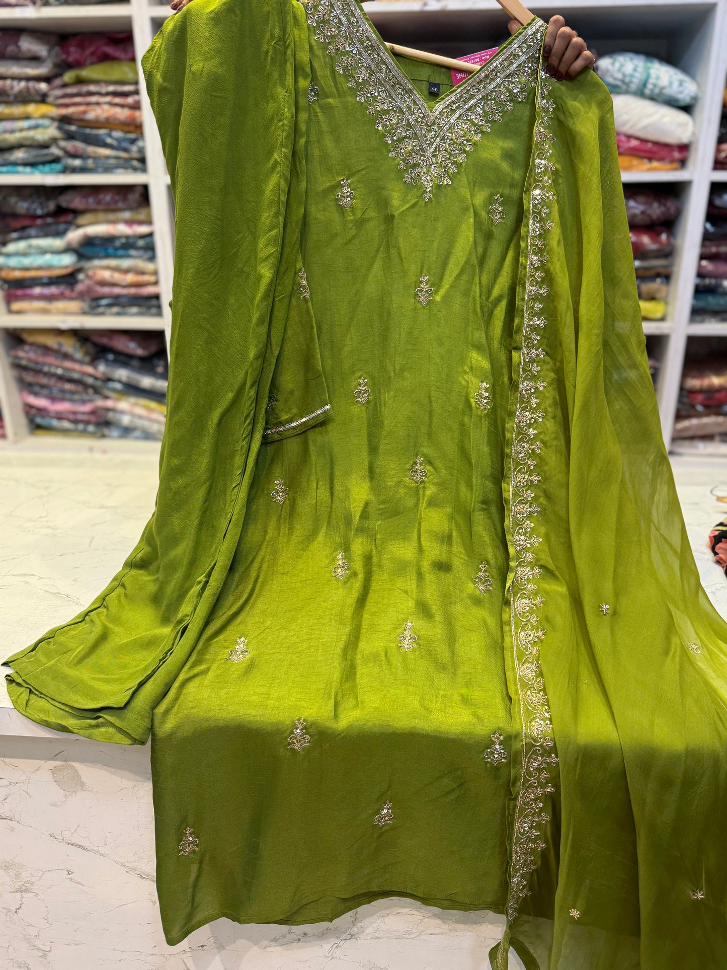 Green HandWork Dola Silk Three piece Set