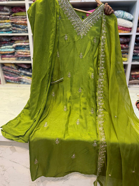 Green HandWork Dola Silk Three piece Set