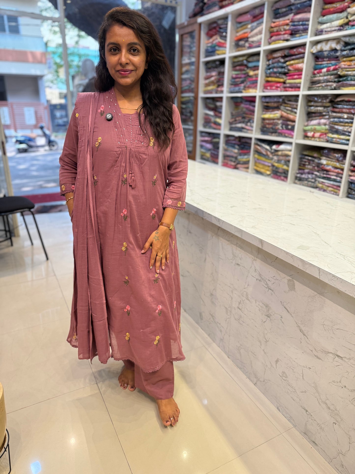 Mauve Pure Mul Cotton Embroidered Kurti With Pant and Dupatta-HSC131