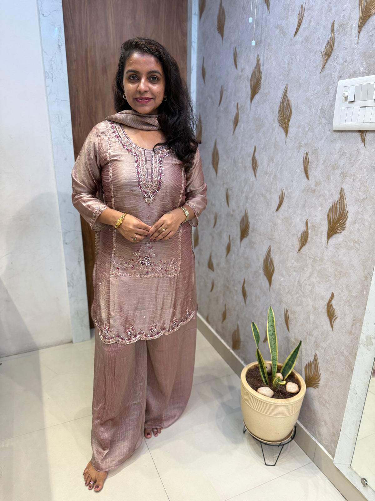 Shimmer Tissue Hand Embroidery Kurti With pant and dupatta -HSC1229