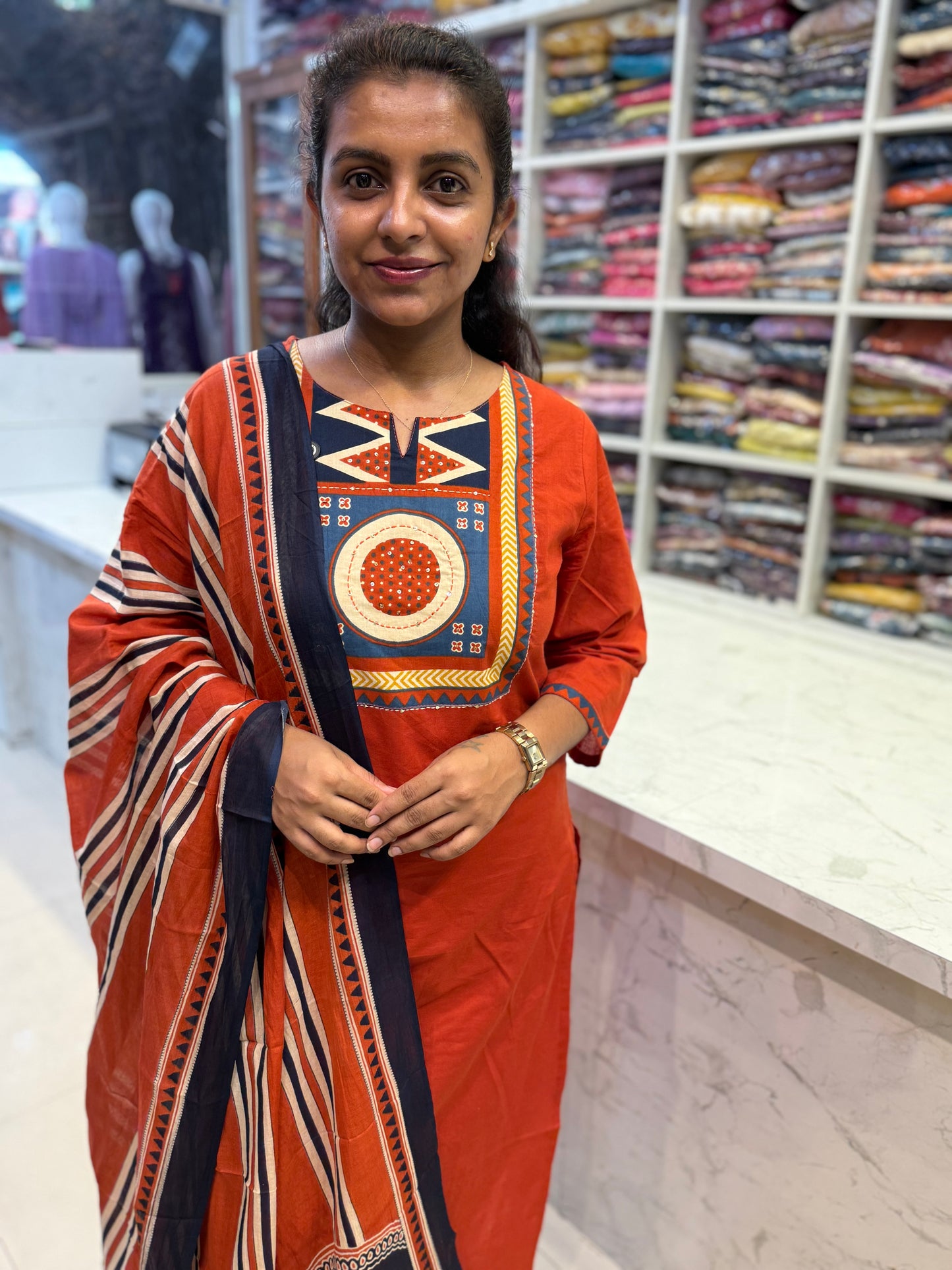 Orange Printed Patch Work Kurti With Pant and Dupatta-HSC107