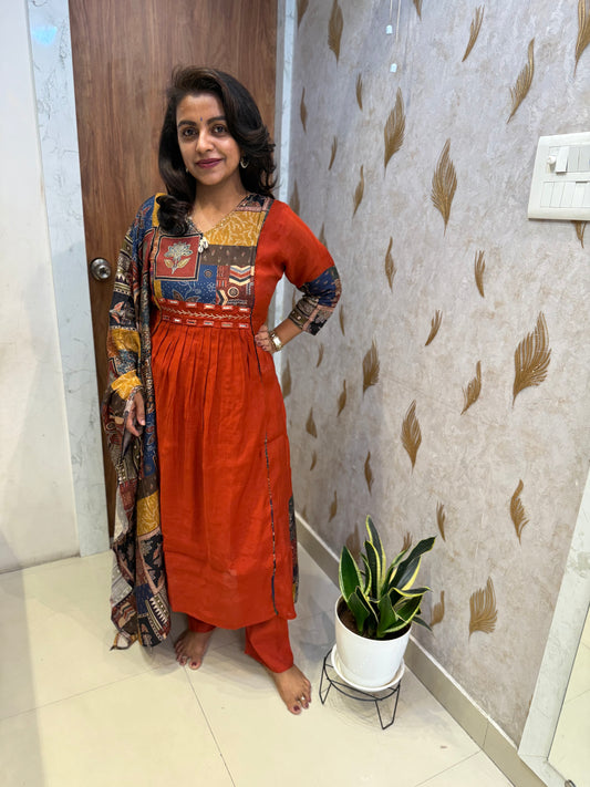 Rust Orange Pure Silk Kurti With Pant and Printed Dupatta -HSC1311