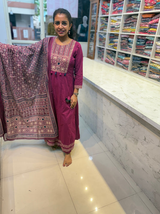 Wine Anarkali Kurti with Pant and Dupatta