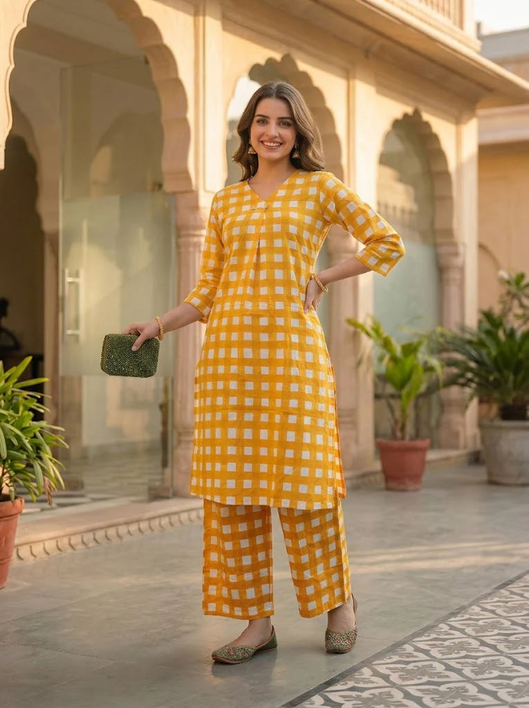 Geometric Check Print Cotton Kurti With Pant-HSC186