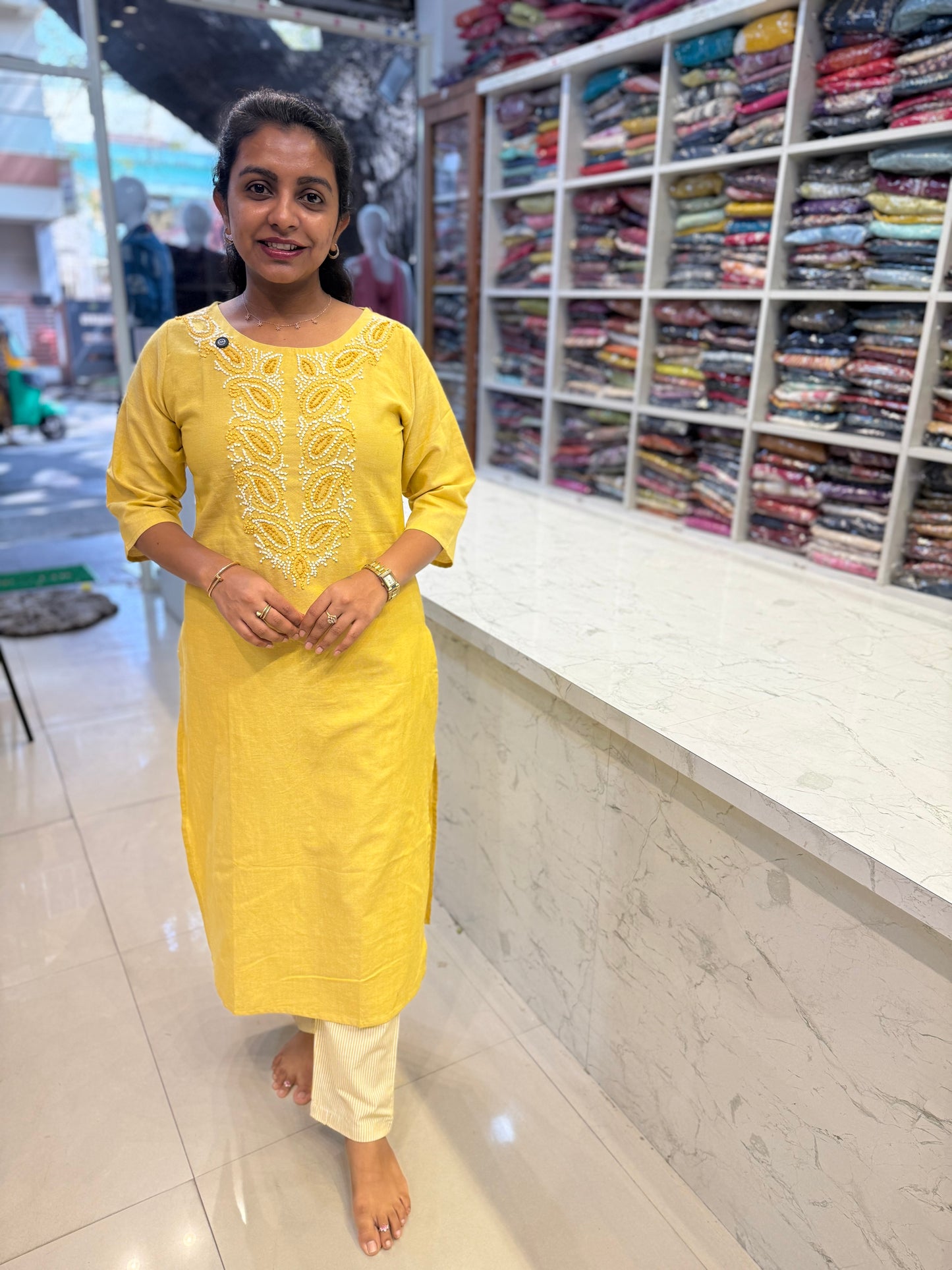 Thread Embroidery Knot Work Cotton Kurti With Pant