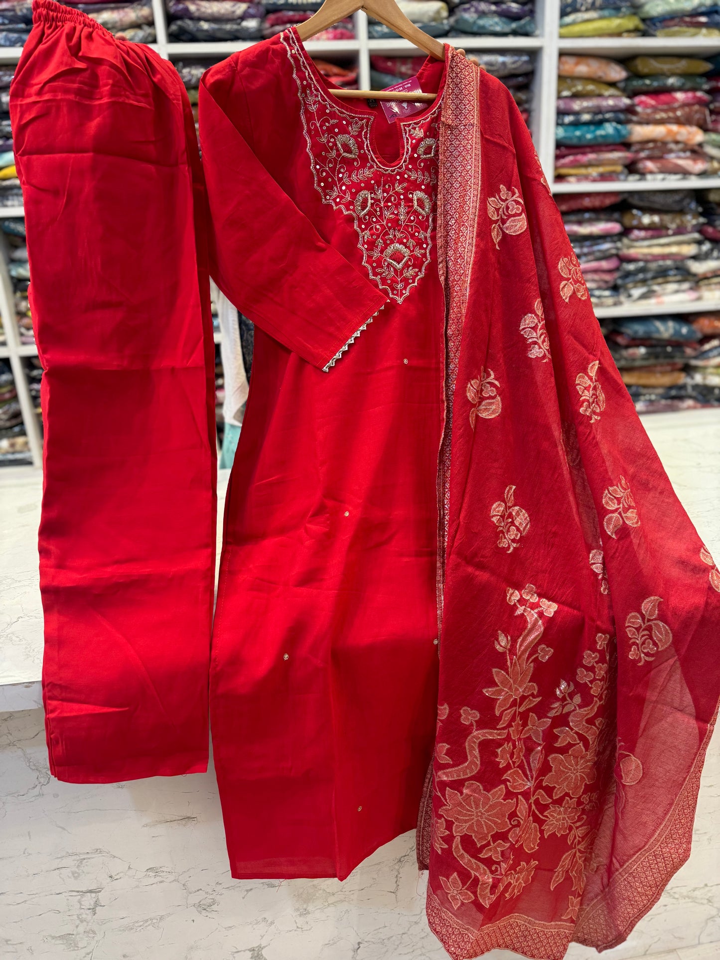 Red Roman Silk Party wear Kurti With Pant and Dupatta