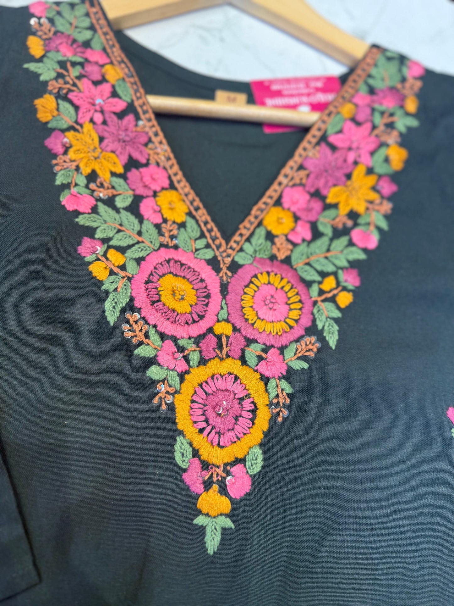 Green Embroidery Cotton Straight Cut Kurti