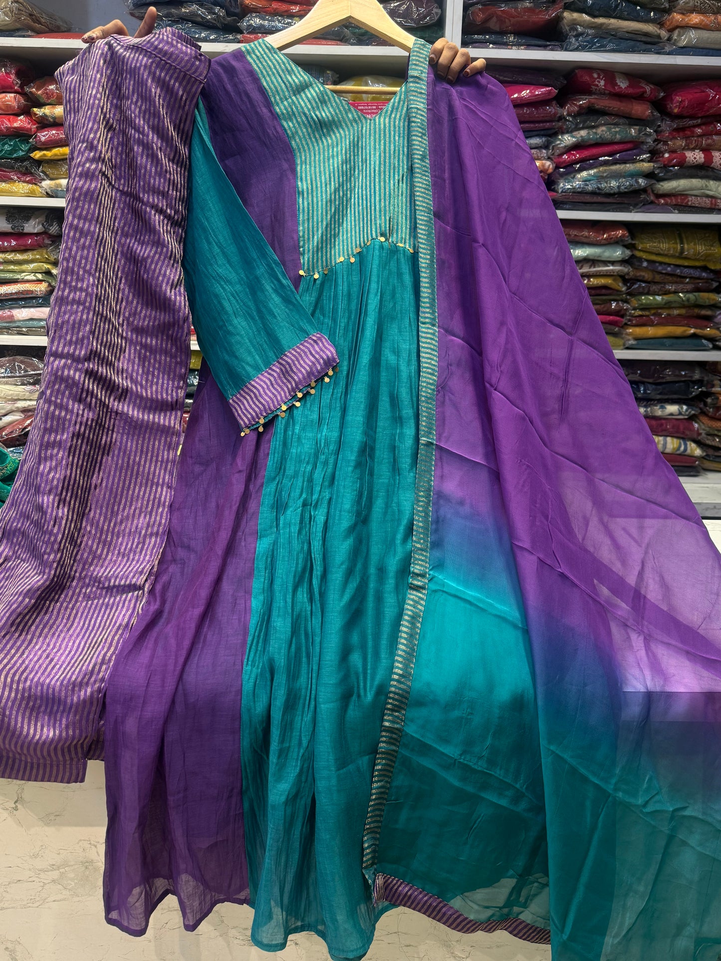 Blue with Purple Pure Banarasi Mul Chanderi Kurti With Pant and Dupatta