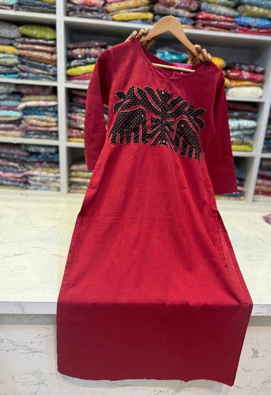 Elephant Red Applique Cotton Kurti