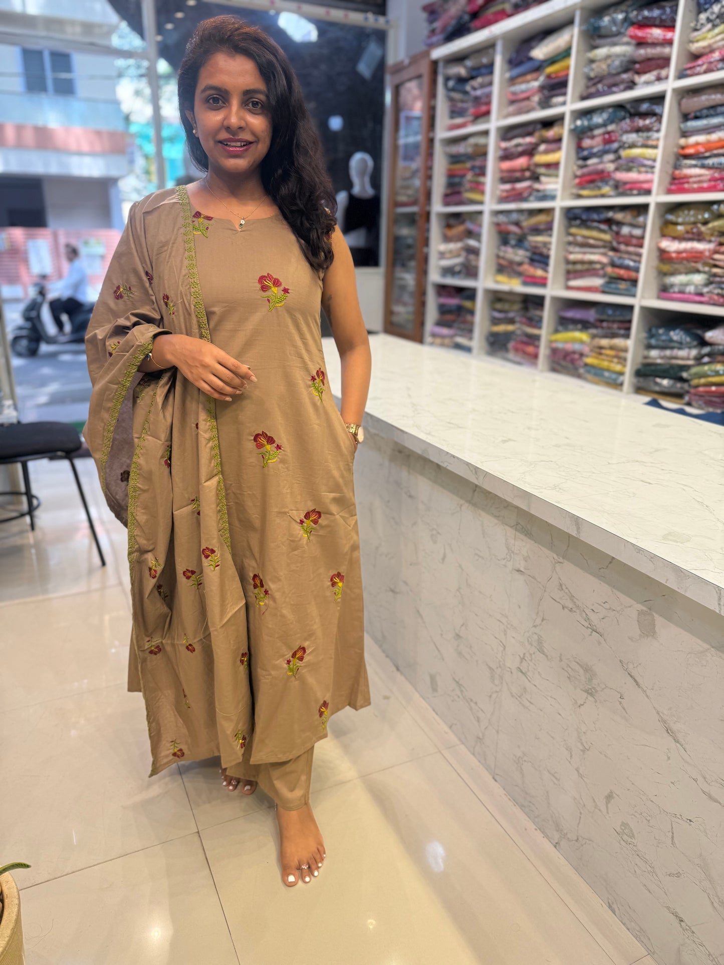 Khaki Pure Cotton Embroidered Kurti With Pant and Dupatta