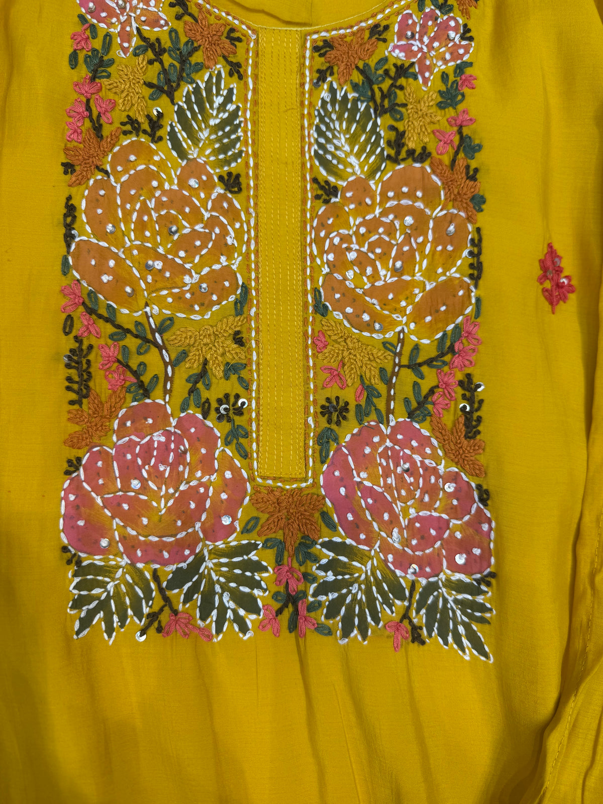 Yellow Embroidery Thread Work Kurti With Pant and Dupatta -HSC1236