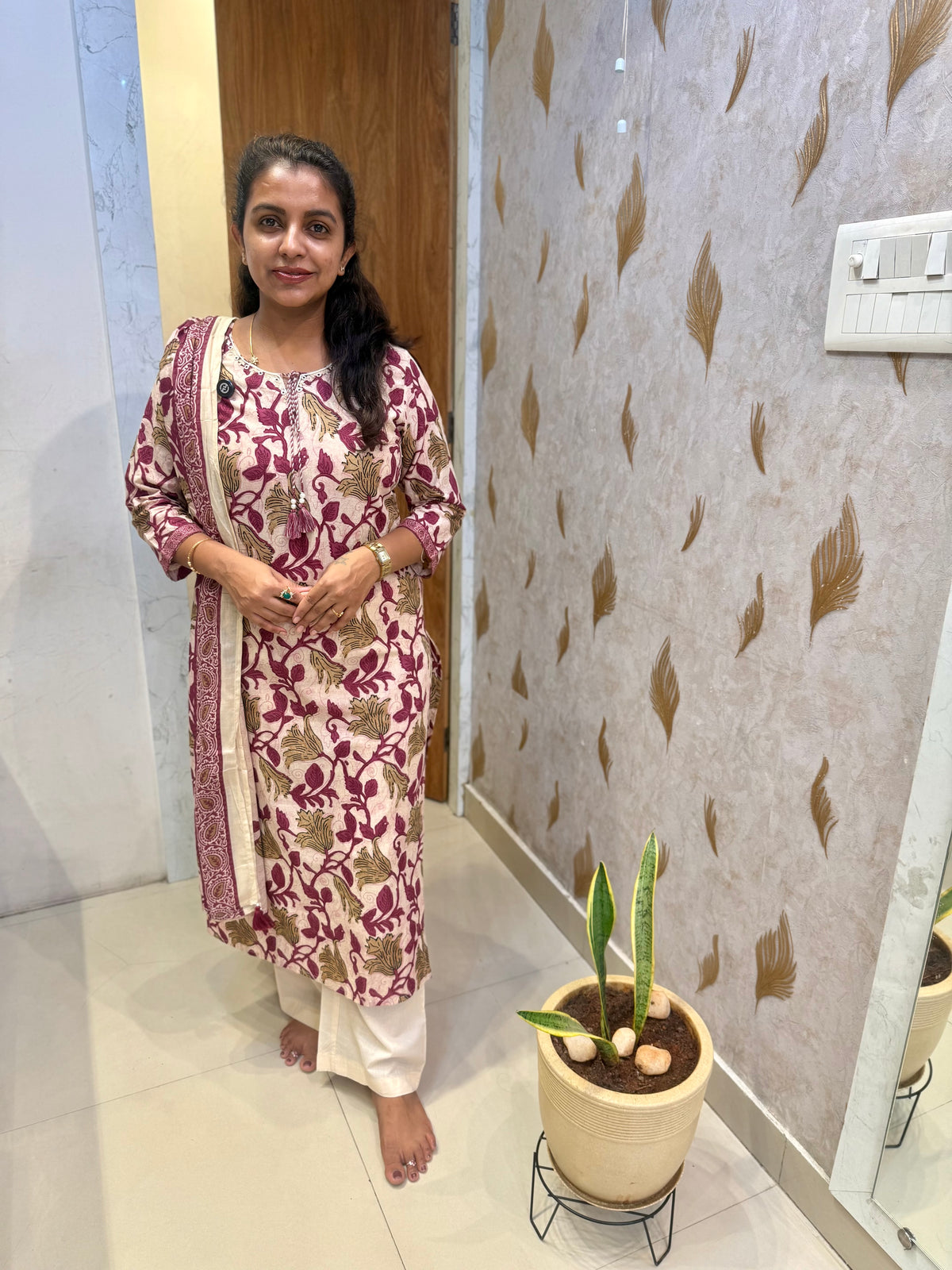 Floral Printed Pure Cotton Kurti With Pant and Dupatta -HSC1230