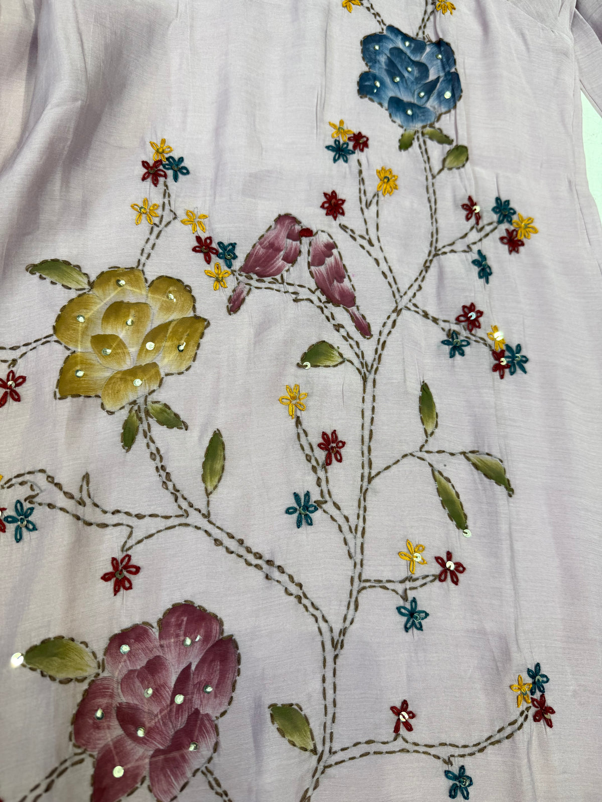 Brush Painted Lavender Hand Embroidery Pure Silk Kurti With Pant and Dupatta -HSC1240