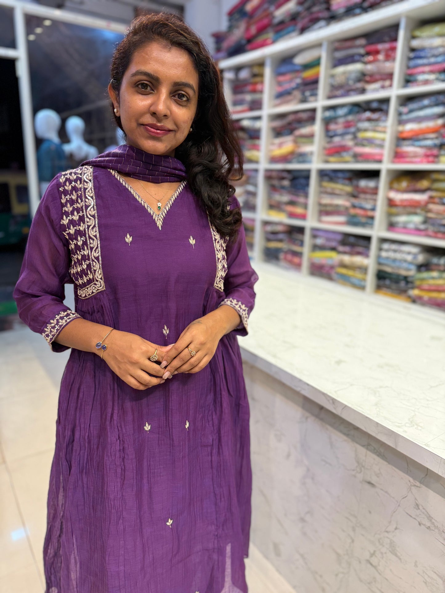 Pure Banasari Mul Chanderi Purple Hand Embroidery Kurti With Pant and Dupatta-HSC191