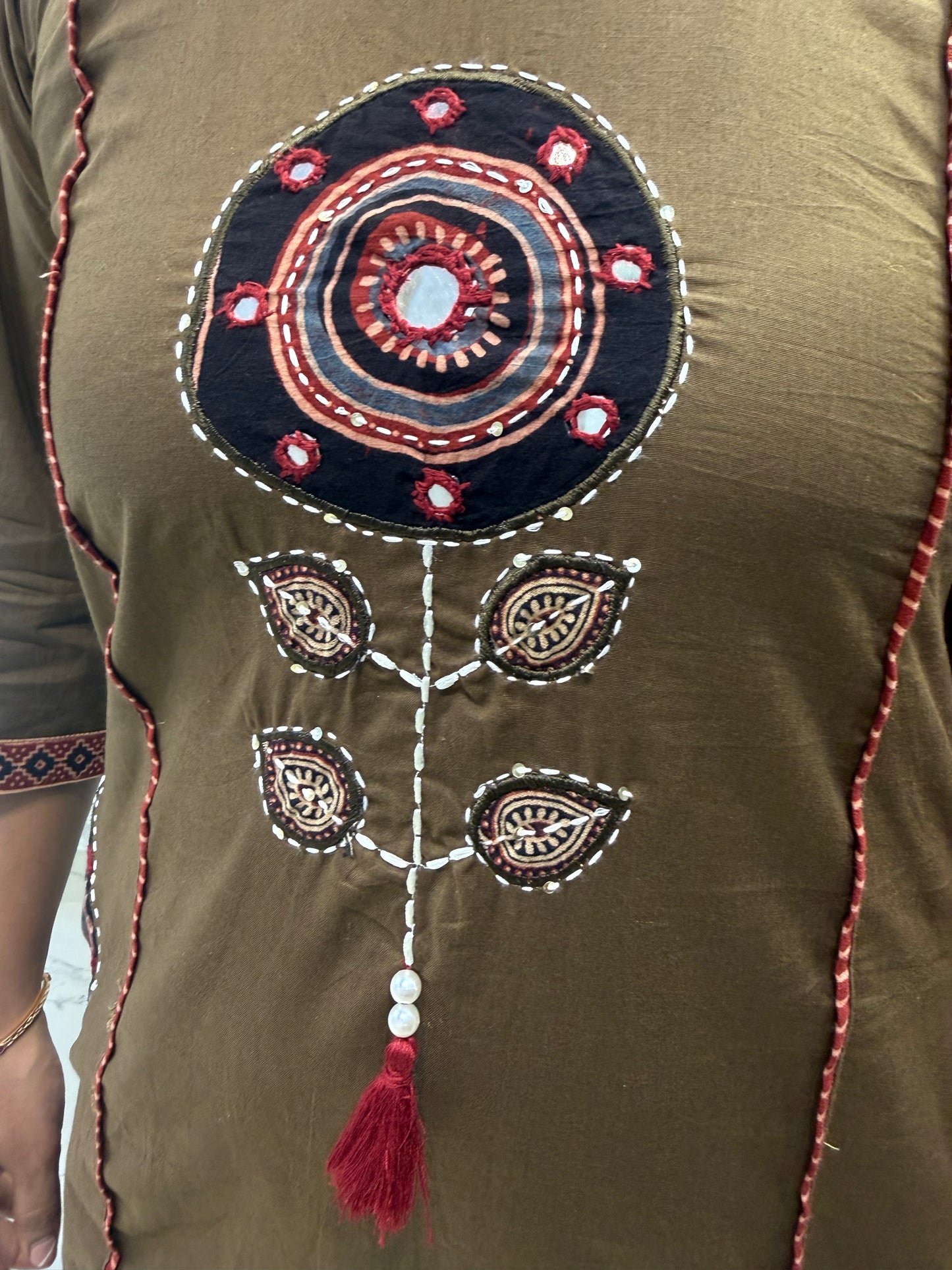 Two sides pockets Brown Applique Cotton Kurti With Pant and Dupatta-HSC126