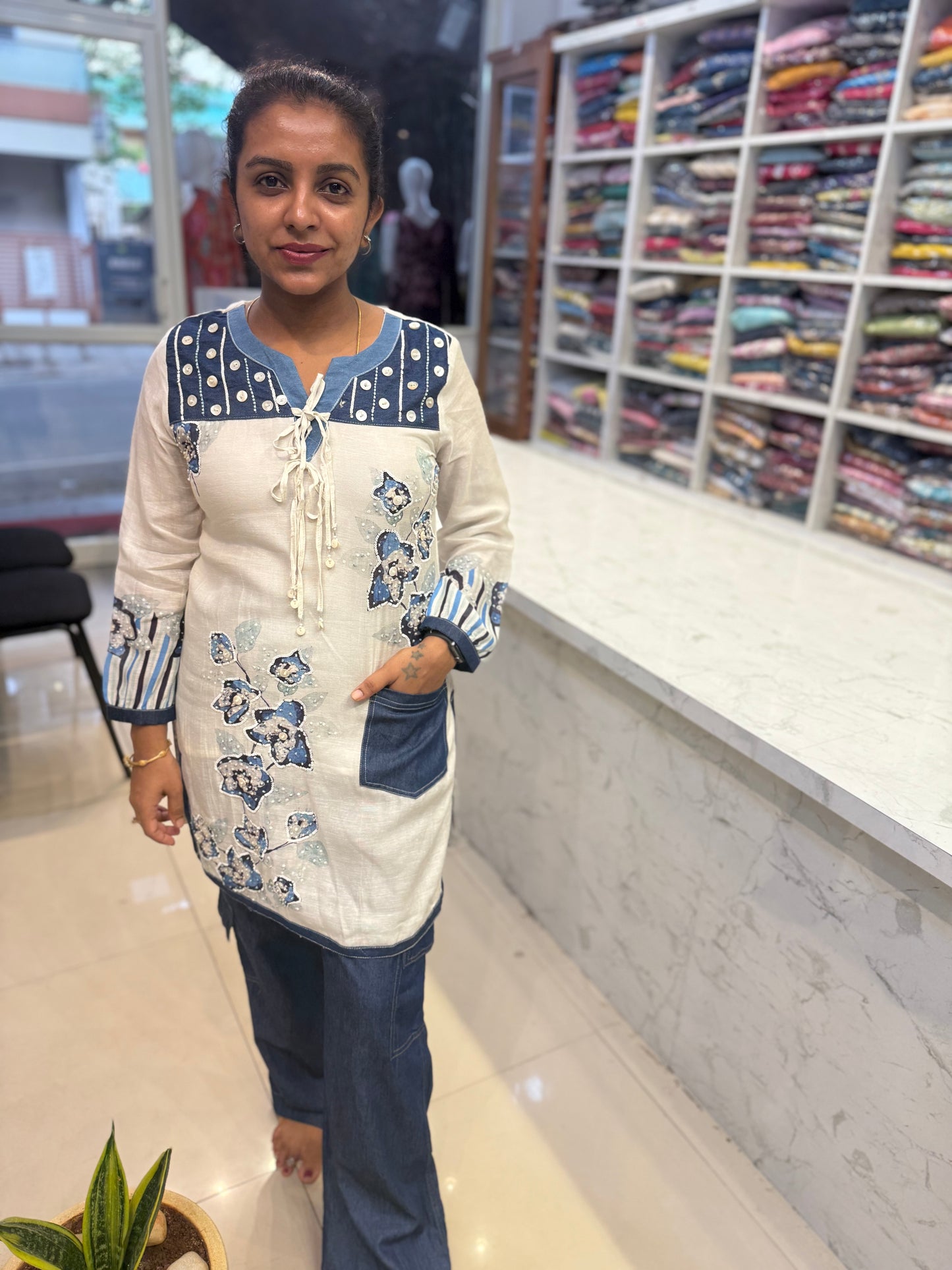 Half White Hand Embroidery Denim Set