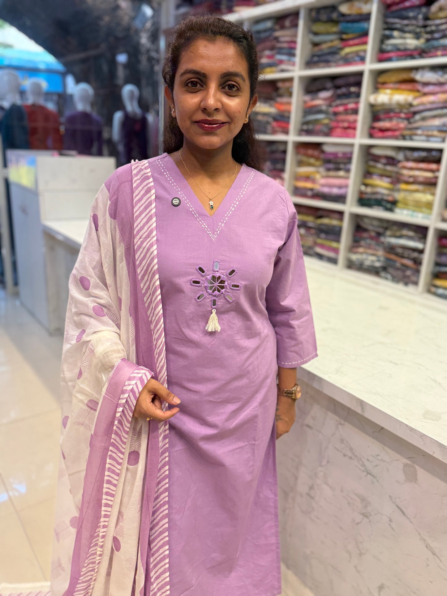 Lavender Pure Cotton Kurti With Pant and Constrast Dupatta-HSC104