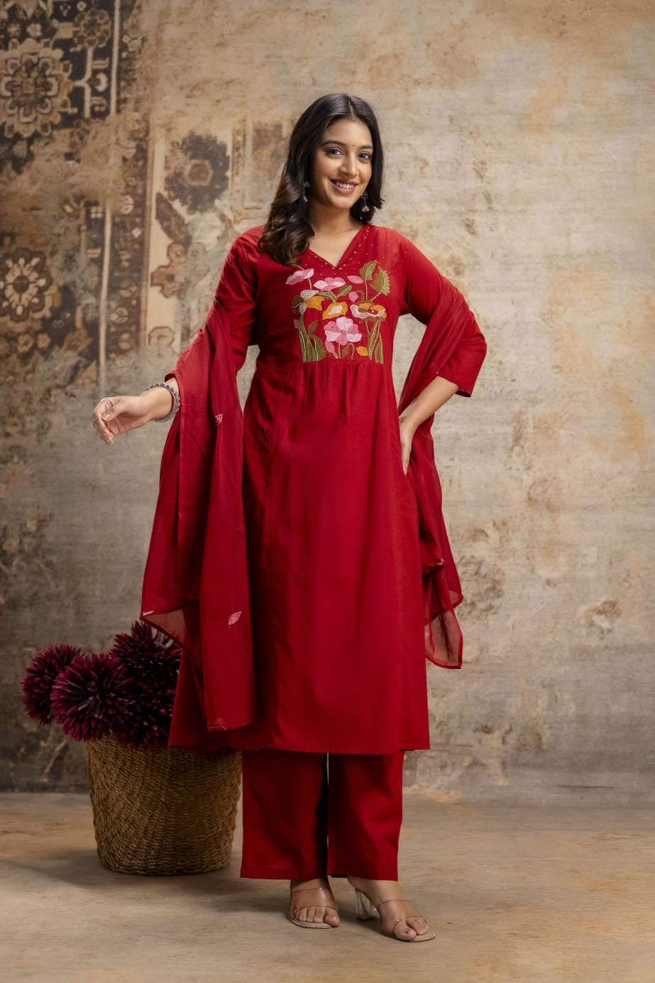 Mul Cotton A-line Kurti With Pant and Dupatta