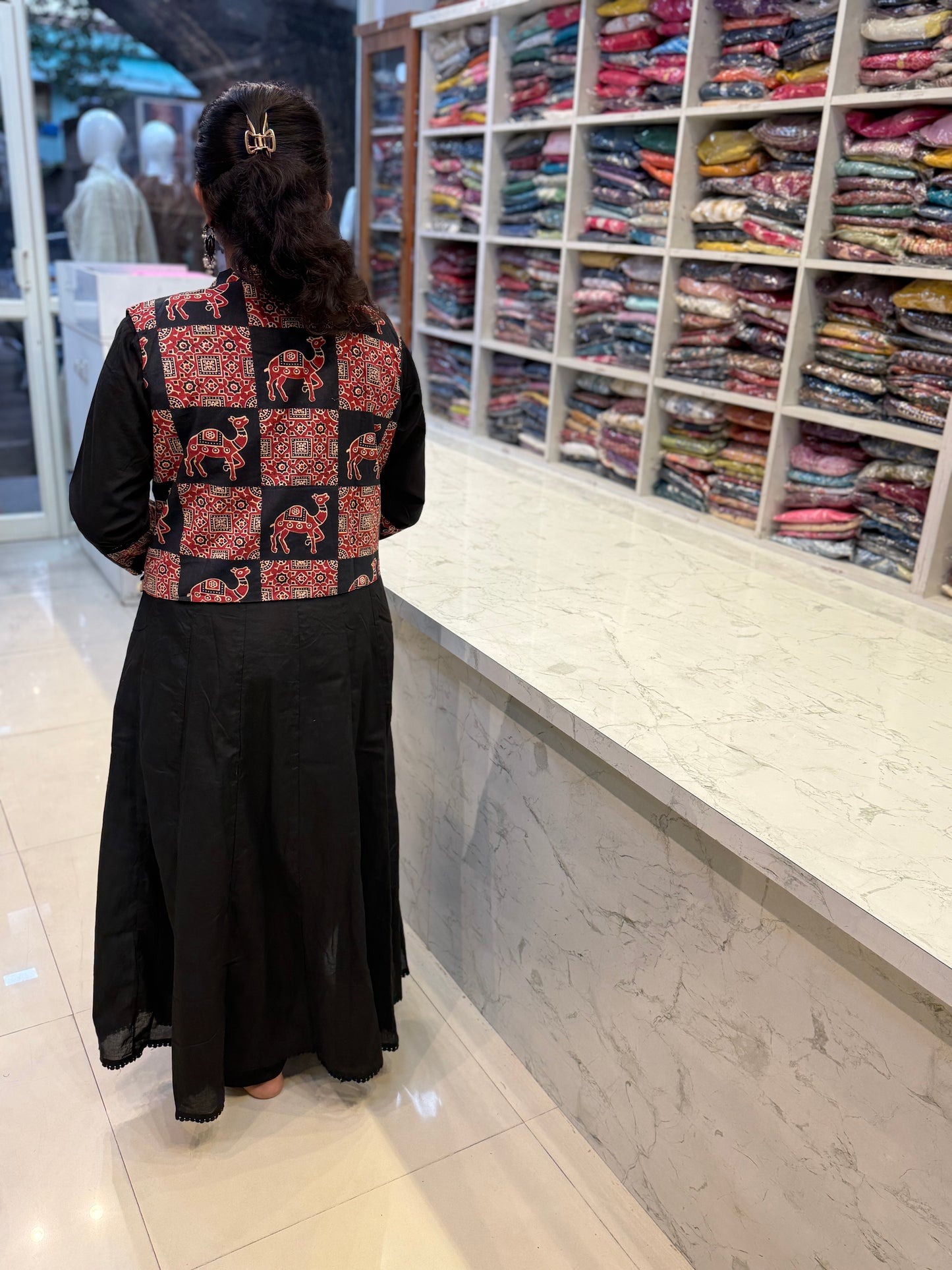 Camel Black Jacket Anarkali Kurti with Pant