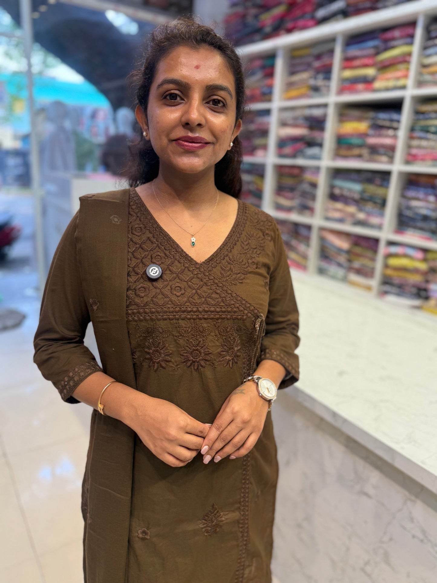 Coffee Brown Chikankari Embroidery Kurti With Pant and Dupatta-HSC163