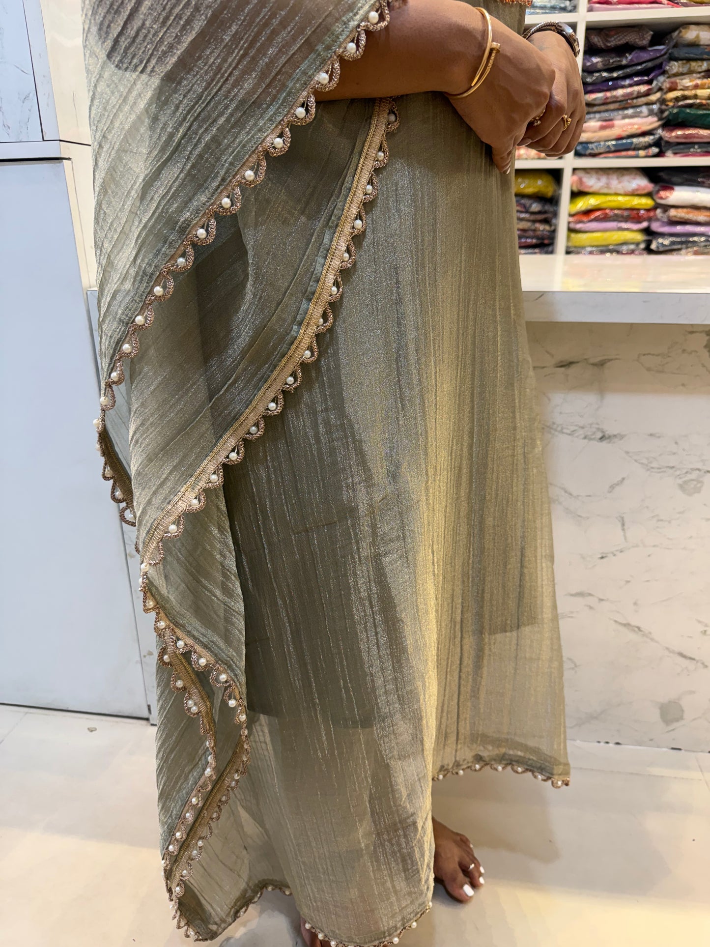 Shimmer Crush Hand Embroidery Kaftan Kurti With Pant-HSC157