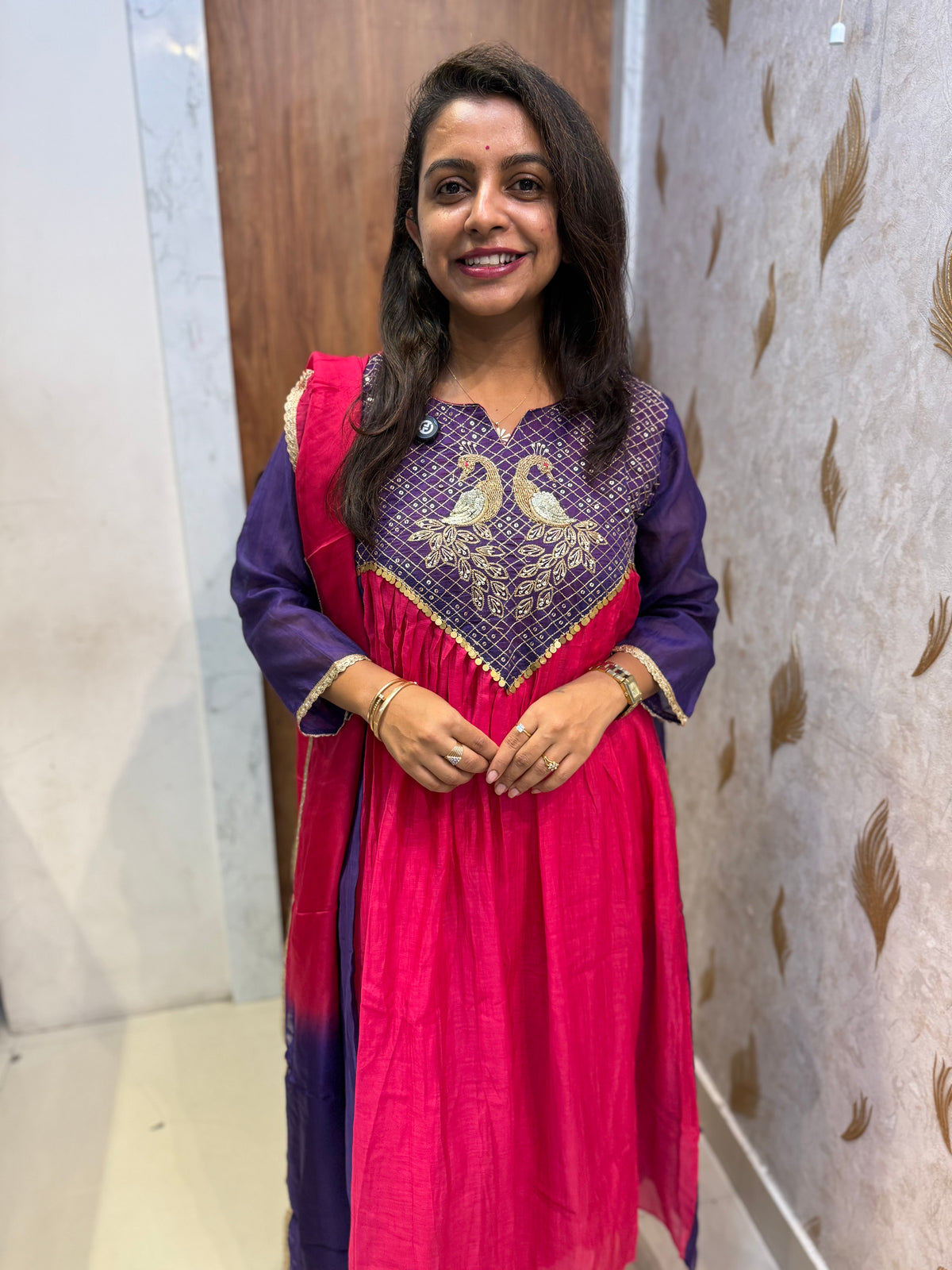 Pink Pure Banarasi Mul Chanderi Hand Embroidery A-line Kurti With Pant and Dupatta - HSC1179