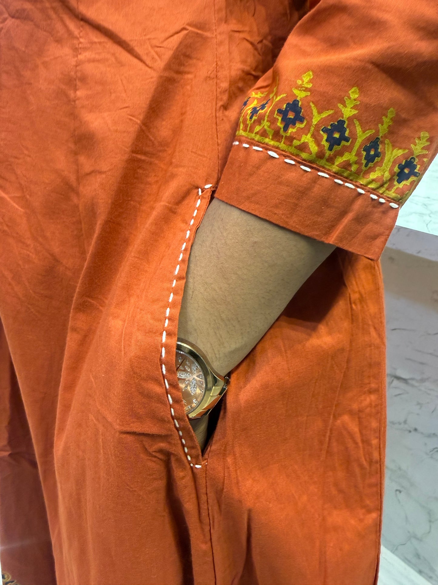 Rust Orange Block Printed Shoulder Kali Kurti With Pant and Dupatta- HSC143