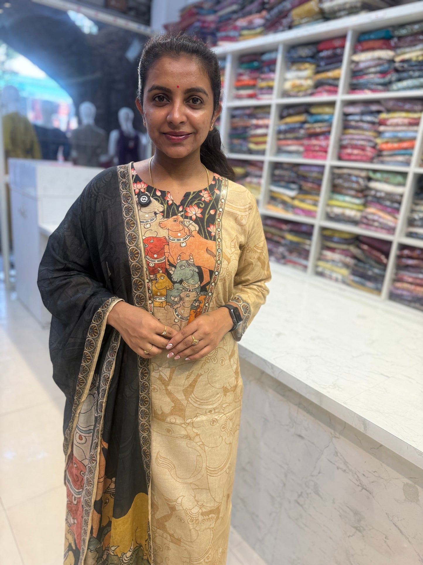 Pichwai Printed Cotton Kurti With Pant and Dupatta-HSC114