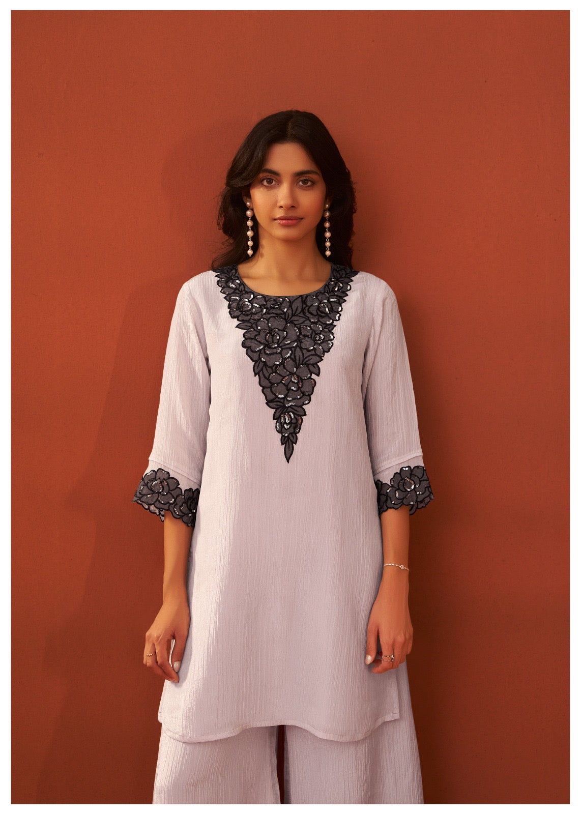 Shimmer Crush Thread Embroidery Kurti With Divider Pant with Scallop Dupatta-HSC155
