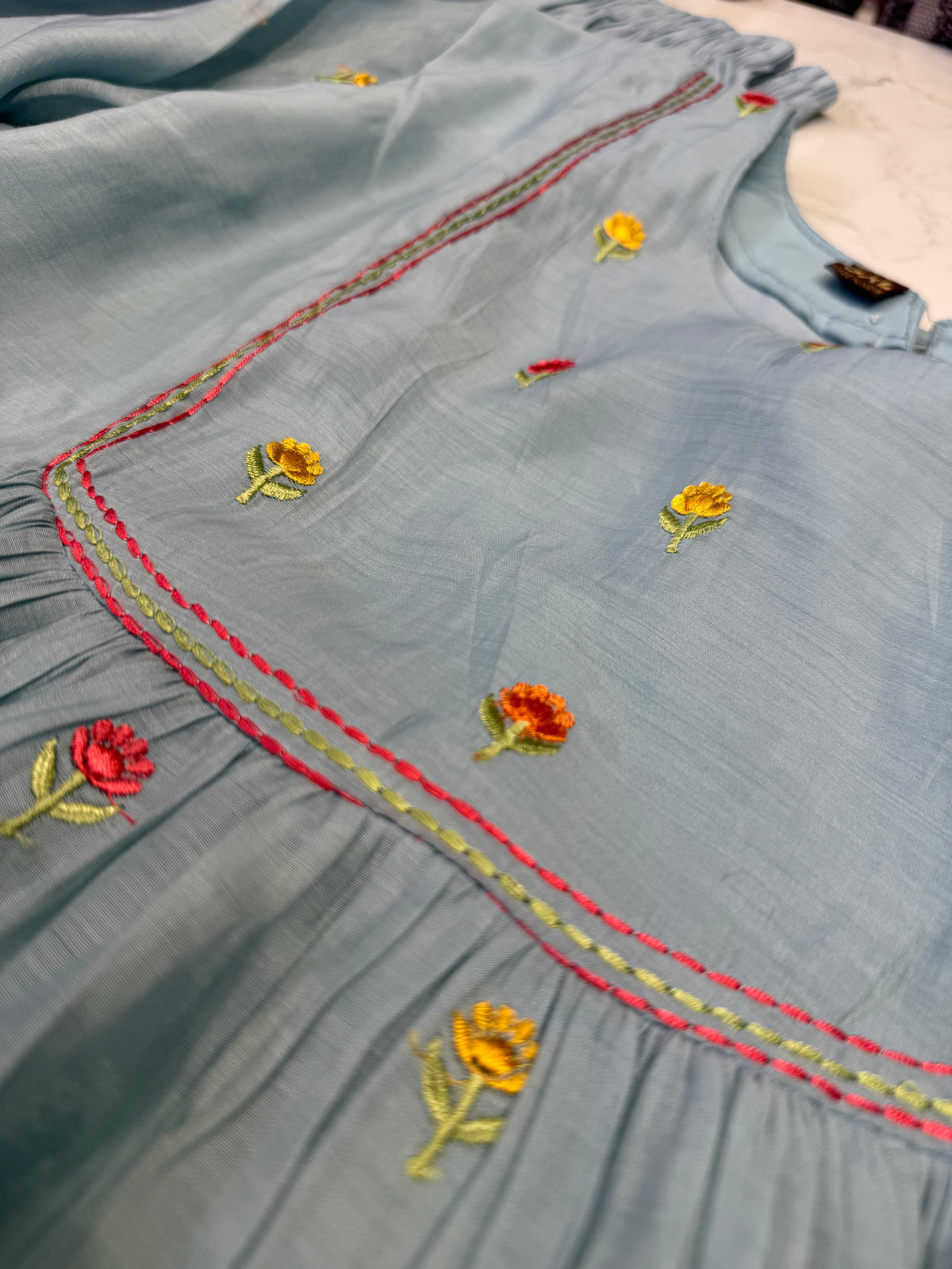 Sky Blue Embroidery Pure Silk Kurti With Pant and Scallop Cutwork Dupatta - HSC1190