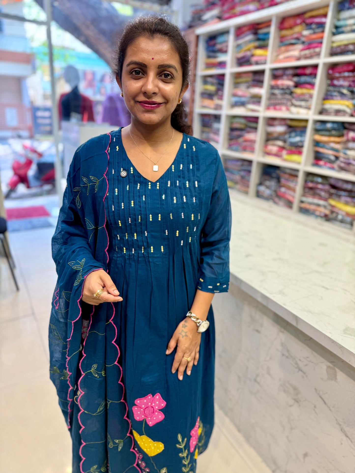 Blue Mul Cotton A-line  Kurti With Pant and Scallop Dupatta-HSC13