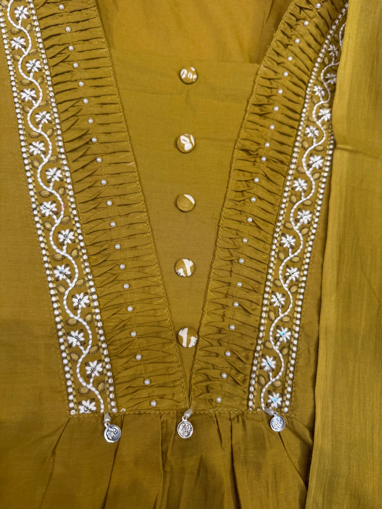Mustard Embroidery Pure Cotton Kurti With Pant and Dupatta - HSC1147