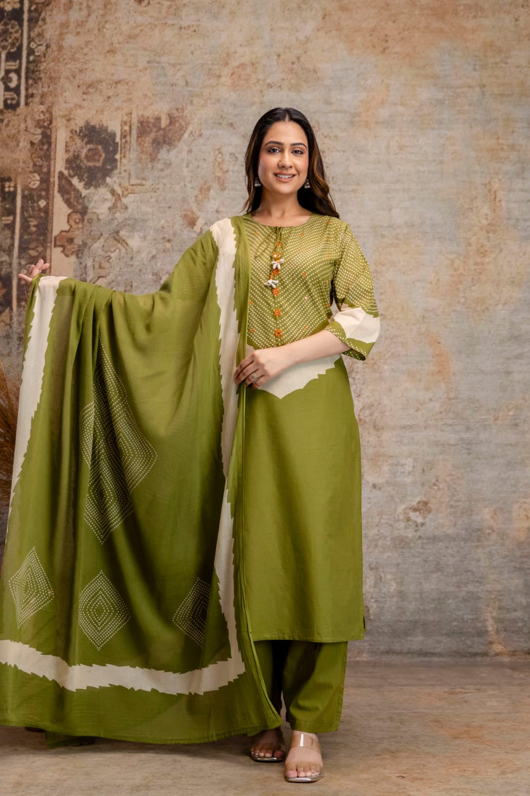 Trending Green Pure Cotton Kurti With Pant and Dupatta-HSC120