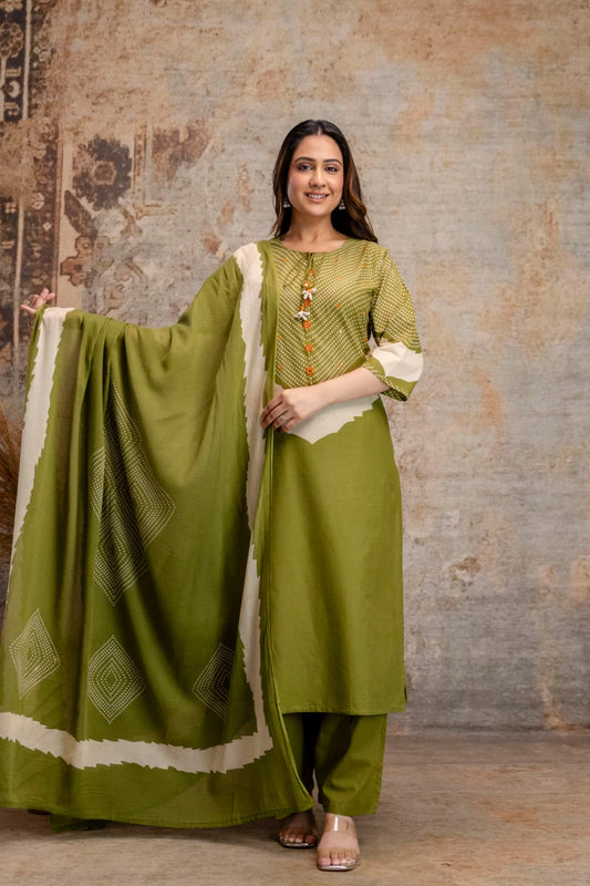 Trending Green Pure Cotton Kurti With Pant and Dupatta-HSC120