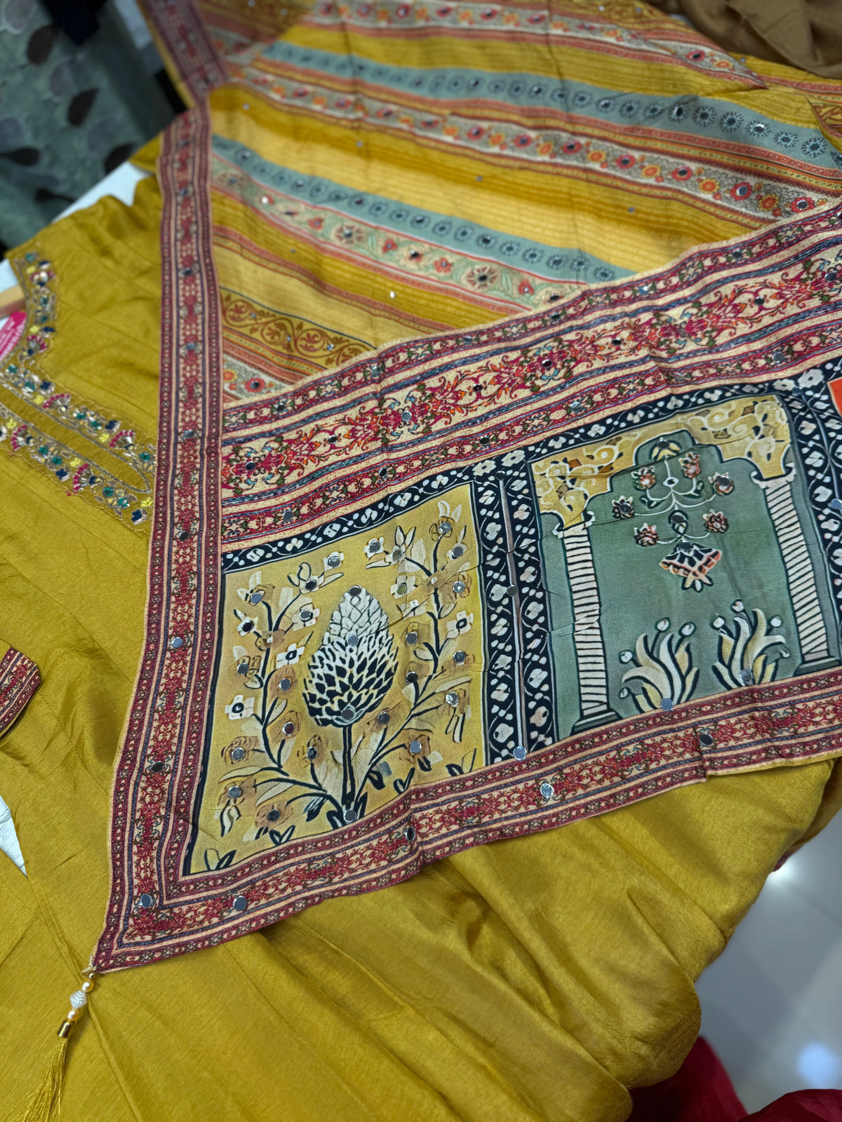 Soft Chiffon Mustard Anarkali Hand Embroidery Kurti With Pant and Printed Dupatta -HSC1242