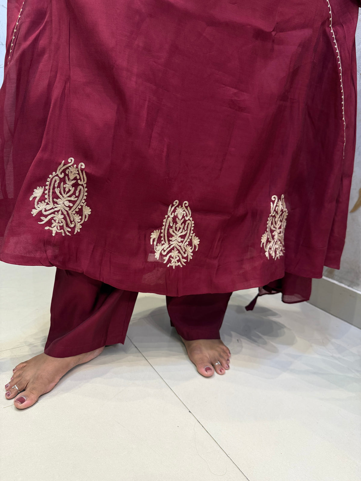 Marron Pure Silk Embroidery Kurti With Pant and Dupatta -HSC1329