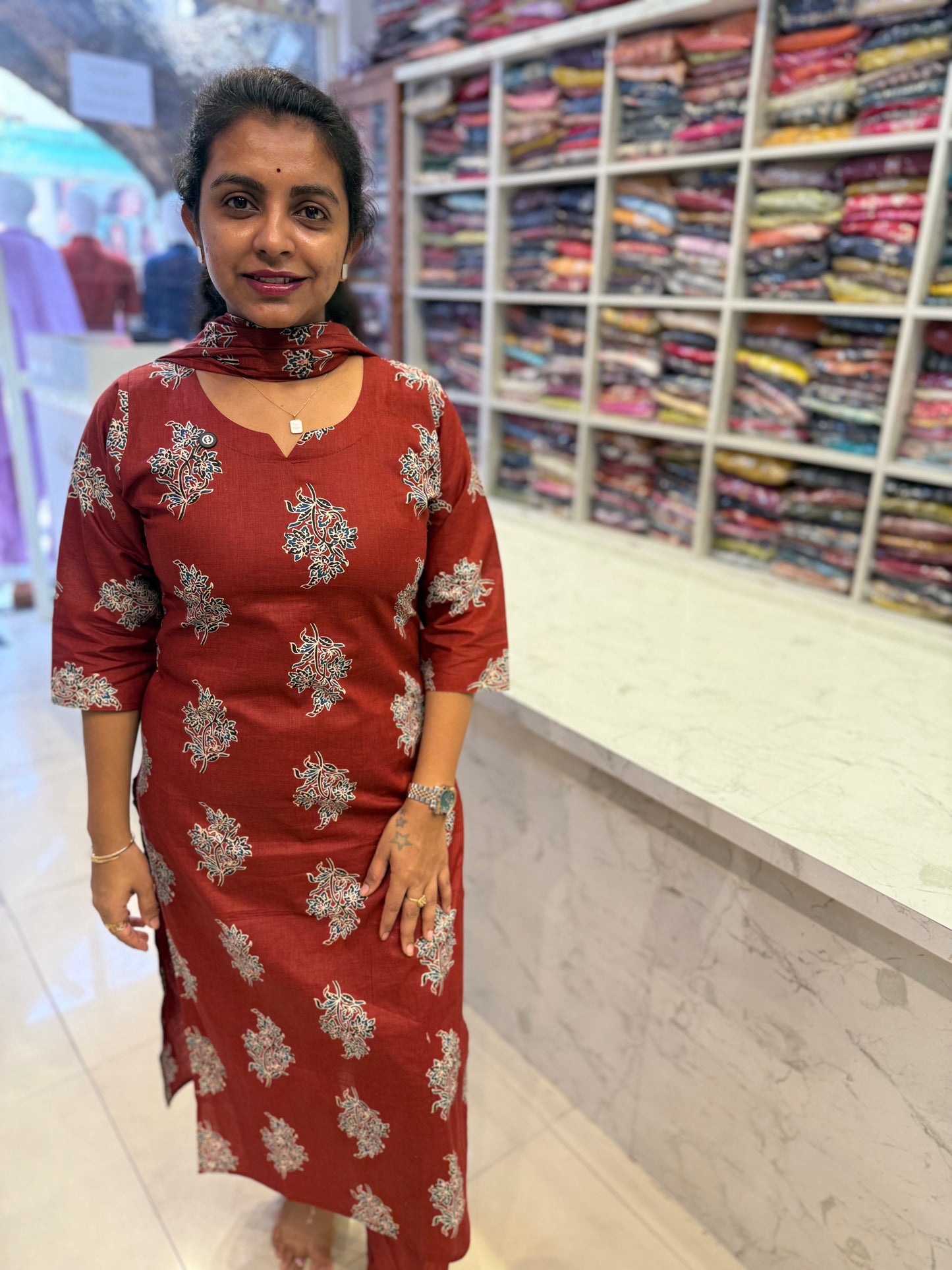 Marron Printed Kurti With Pant and Dupatta