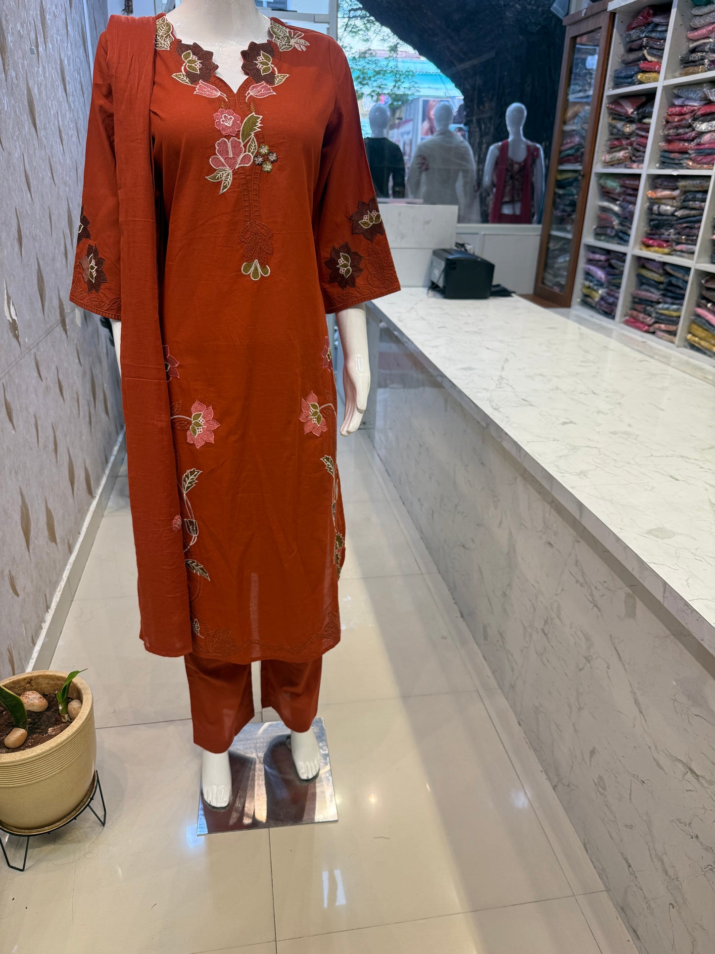 Rust Orange Floral Cutwork Cotton Kurti With Pant and Dupatta-HSC136