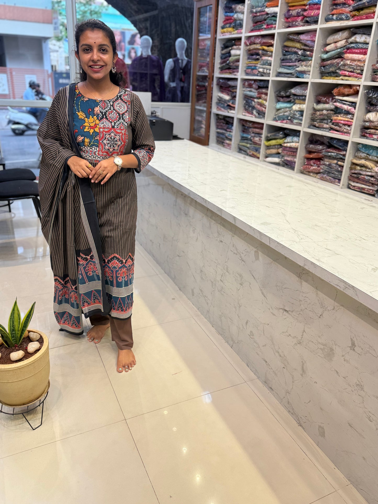 Black Printed Stripes Kurti With Pant and Dupatta