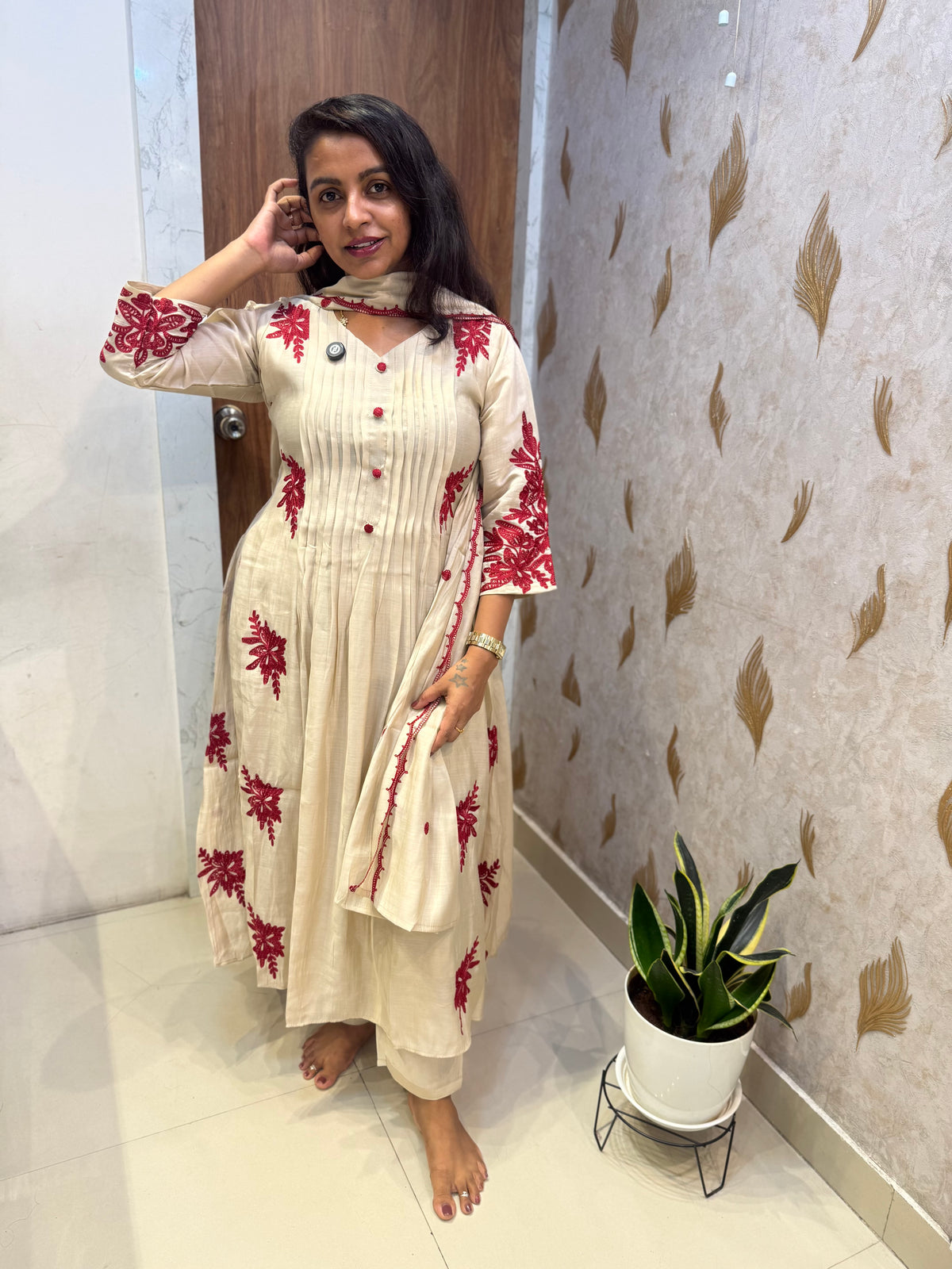 Half White Mul Chanderi Embroidery A-line Kurti With Pant and Dupatta  -HSC1307