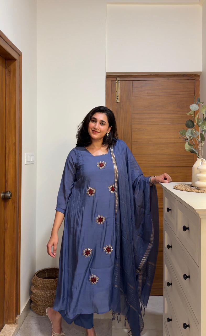 Blue Pure Mul Chanderi Hand Embroidery A-line Kurti With Pant and Dupatta -HSC1214