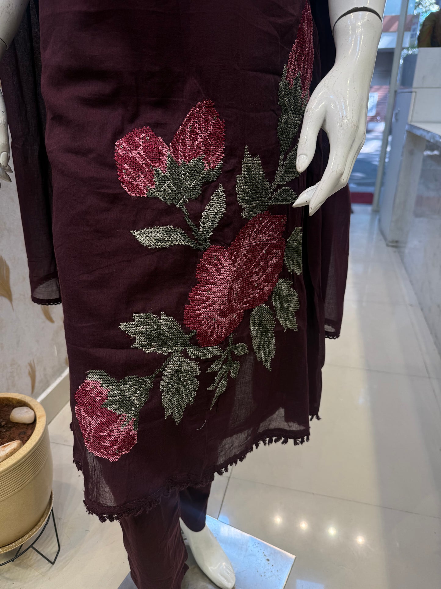 A-line cross stitch work Pure Mul Cotton Kurti With Pant and Dupatta