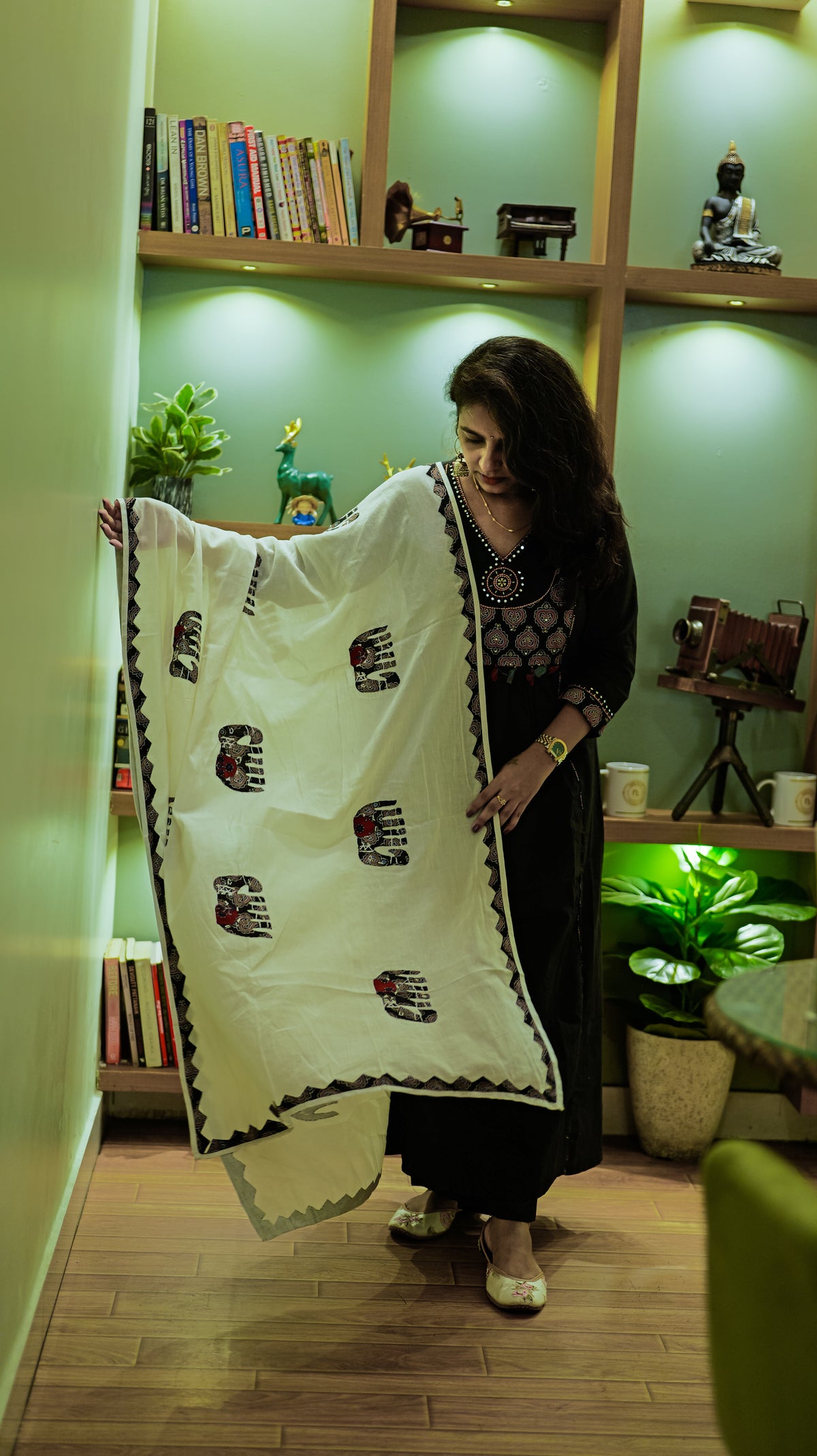 Elephant Black Applique Pure Cotton Kurti With Pant and Dupatta -HSC1262