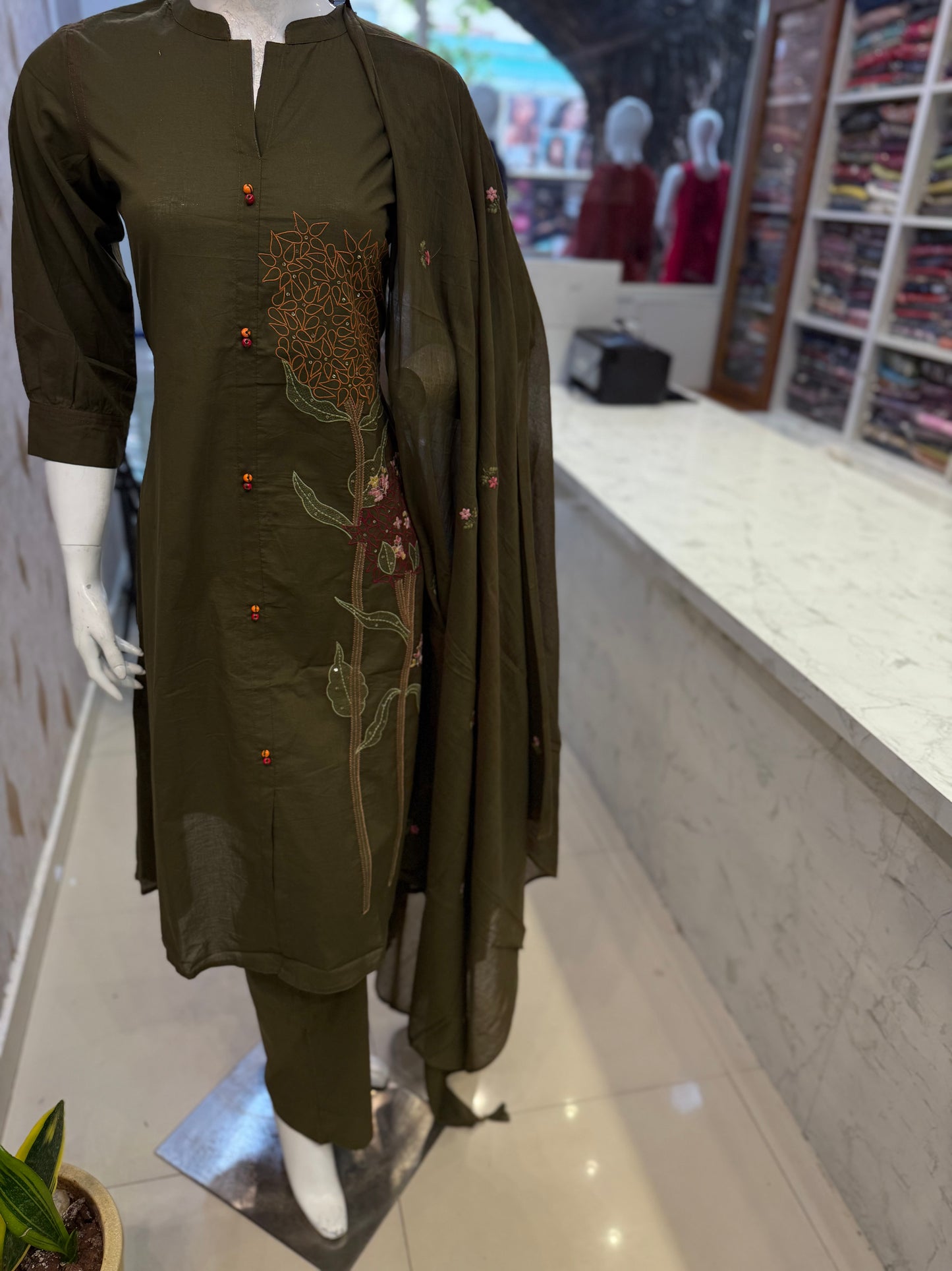 Green Embroidery Cotton Kurti With Pant and Dupatta-HSC30